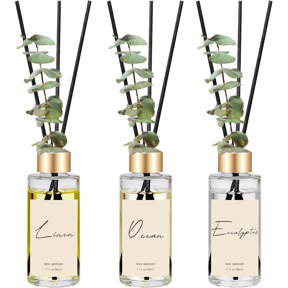 Home Fragrance Linen - ユーカリ、リネン、オーシャンの香りのオイルディフューザー3個セット（リード15本付き）、長持ちするホームフレグランス、寝室や浴室の装飾に